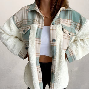 Women's fleece-lined plaid Sherpa jacket in green, featuring a stylish design with a collar, full sleeves, and a waist-length cut, perfect for winter fashion.