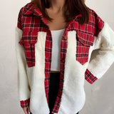 Red plaid sherpa jacket for women in XL size, featuring a fleece lining, collar, and long sleeves.