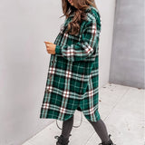 Oversized monochrome belted shacket in green plaid wool blend, featuring long sleeves, a collar, and knee-length design, available in size 2XL.