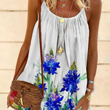 A lightweight sleeveless blue summer dress with a floral pattern, pleated design, suitable for beach wear, size 2XL.