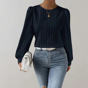 Pleated navy women's blouse in a purple-blue color, featuring long sleeves, vertical stripes, and a comfortable fit suitable for office wear, shown in size XL.
