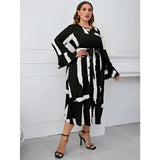 Plus size abstract print midi dress with long sleeves, tie waist, and stylish design suitable for party attire, in 4XL.