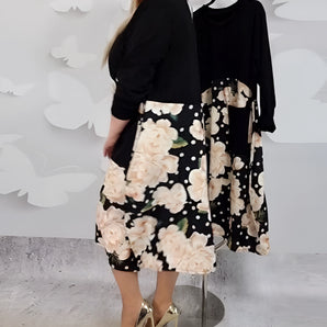 Plus-size black peony floral midi dress with short sleeves and a fitted waist, designed for evening wear.