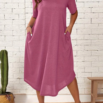 Plus size rose red loose fit midi dress with an oversized casual style, featuring short sleeves and a round neckline, suitable for summer wear.