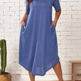 Plus size blue loose fit midi dress with oversized silhouette, designed for casual summer wear. The dress features a one-piece garment style with a comfortable shoulder fit and a round neck, suitable for 2XL size.
