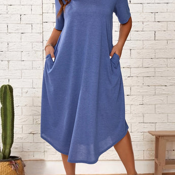 Plus size blue loose fit midi dress with oversized silhouette, designed for casual summer wear. The dress features a one-piece garment style with a comfortable shoulder fit and a round neck, suitable for 2XL size.