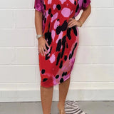 Plus size olive green leopard satin dress with short sleeves, showcasing a chic summer party style, in a 3XL size.