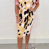 
A plus-size olive green leopard satin dress designed for summer parties, featuring a chic pattern and suitable for a 3XL size in a beige variant. The dress highlights a stylish neckline, sleeves, and a flattering waistline, extending to the thigh.