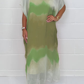 
A plus size tie-dye maxi kaftan beach cover-up featuring vibrant kiwi and green hues. The garment has batwing sleeves, a relaxed fit, and a flowing silhouette, ideal for a 5XL size.