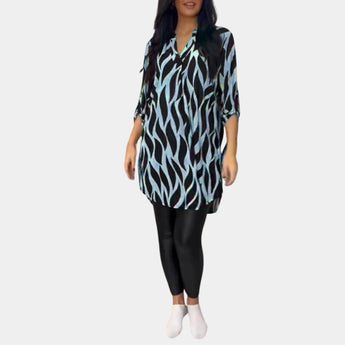 
A plus size zebra print V-neck tunic with long sleeves and a high-low hem, featuring a blue color in a 3XL size.