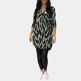 Plus size zebra print V-neck tunic in green, featuring long sleeves and a high-low hem, displayed on a model wearing size 3XL.