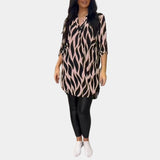 Plus Size Zebra Print V-Neck Tunic in Rose, featuring long sleeves and a high-low hem, shown in size 3XL.