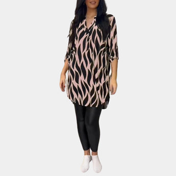 Plus Size Zebra Print V-Neck Tunic in Rose, featuring long sleeves and a high-low hem, shown in size 3XL.