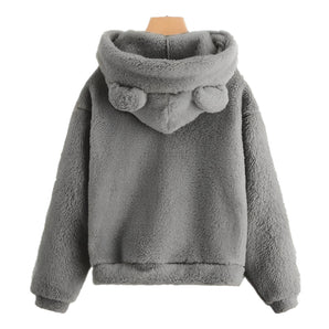 Plush Gray Furry Teddy Bear Hoodie with Pom-Pom Details