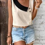 Women's chic fashion sleeveless blouse with polka dots, contrast collar in beige color, size XL.