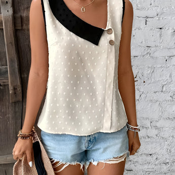 Women's polka dot contrast collar sleeveless summer blouse with chic fashion design.