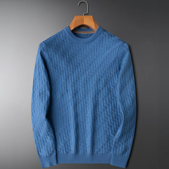 Premium Men's Blue Sweater with Braided Texture, Ribbed Cuffs, and Cozy Knit, displayed on a clothes hanger, size 3XL.