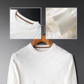 Premium men's blue sweater with braided texture, ribbed cuffs, and cozy knit.