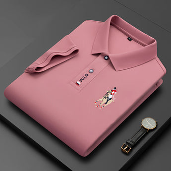 Premium White Polo Shirt with Embroidered Logo in Pink, 4XL, luxury designer casual wear featuring a collar and short sleeves.