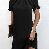 Black satin cocktail dress with puffed sleeves and a fitted waist, featuring a chic neckline and elegant silhouette, perfect for evening wear.