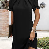 Puffed sleeve satin black cocktail dress with a chic evening wear design, featuring a flattering neckline and fitted waist, perfect for formal occasions; displayed in the Nero color and size 3XL.