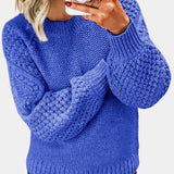 Purple chunky cable knit sweater for women in lavender color, featuring long sleeves and a cozy pullover style.