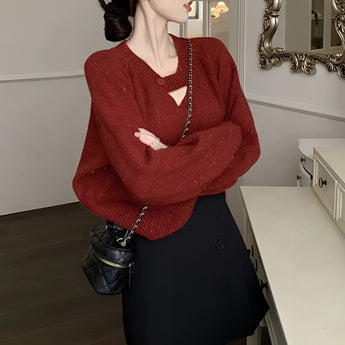 Purple V-neck Mohair Sweater displayed on a mannequin against a neutral background, showcasing its cozy knit texture and fall-appropriate style.