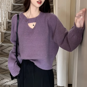 Purple V-neck mohair sweater for women, featuring a cozy knit design suitable for fall, shown in a front-facing view highlighting the garment's soft texture and rich purple color.