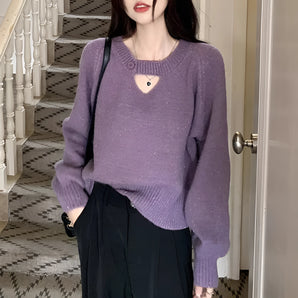 Purple V-neck mohair sweater for women displayed on a mannequin, showcasing its cozy fall knitwear design with long sleeves and a soft texture.