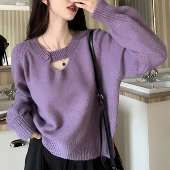 Purple V-neck mohair sweater for women in size 2XL, featuring long sleeves and a cozy knit design, ideal for fall wear.
