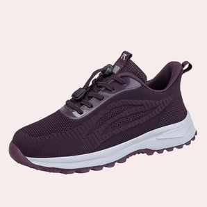 Purple women's lightweight breathable running sneakers with a sleek design, featuring a combination of purple and grey colors.