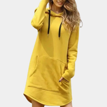 Yellow women's long sleeve hoodie dress in XL size, featuring a comfortable and stylish design with a collar, waistline, and knee-length fit.