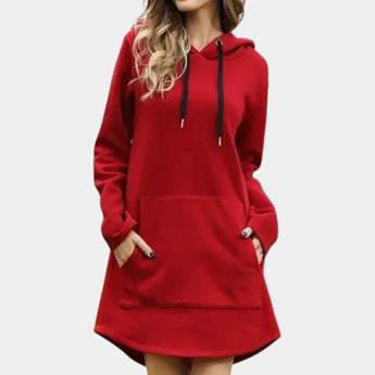 Red women's long sleeve hoodie dress in XL size, featuring a relaxed fit with comfortable and stylish design elements such as a hood, long sleeves, and a waistline that accentuates the figure. The dress showcases a vibrant red color, perfect for a fashionable look.