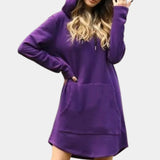 Purple women's long sleeve hoodie dress in size XL, showcasing a comfortable fit with a stylish design featuring a hood and long sleeves. The dress is primarily purple with white accents, highlighting its one-piece garment style.
