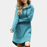 Blue women's long sleeve hoodie dress in size XL, featuring a comfortable and stylish design with an azure hue, a neckline with a collar, and a defined waist. The dress is perfect for a casual day out.