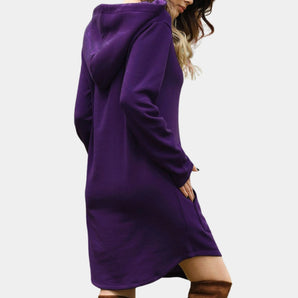 Purple women's long sleeve hoodie dress featuring a comfortable fit and stylish design, highlighting a waist-length cut and a cozy collar.