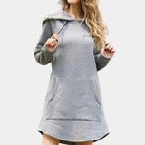 Gray women's long sleeve hoodie dress in XL size, featuring a comfortable and stylish design with a focus on the sleeves, collar, and waist.