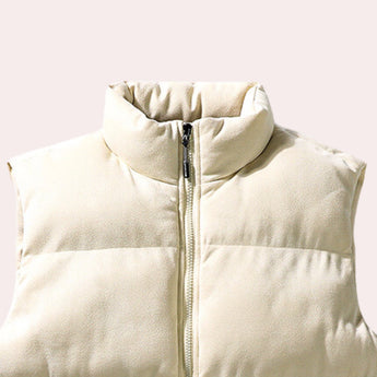 Men's quilted lightweight winter vest with a multi-color pattern, featuring a beige collar and sleeveless design.