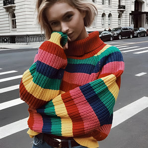 Rainbow Multicolor Turtleneck Sweater - Women's Chunky Knitwear