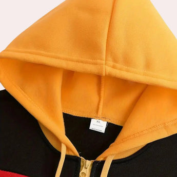Red, black, and yellow multicolor men's color block streetwear hoodie with long sleeves and a stylish collar, featuring a vibrant and bold design suitable for fashion-forward streetwear outfits.