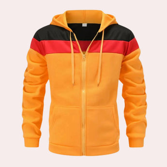 Men's color block streetwear hoodie in red, black, yellow, and orange, featuring a stylish design with a drawstring hood, long sleeves, and a comfortable fit in size 2XL.