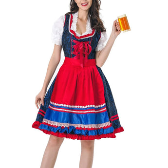 Red and dark blue dirndl dress in a Bavarian folk style, featuring a fitted bodice, puffed sleeves, and a full skirt. The dress fits an XL size and is designed for Oktoberfest celebrations. The model is standing with a smile, showcasing the dress's traditional design elements like the distinct waistline and decorative neckline.