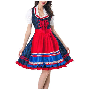Red and blue dirndl dress in the style of traditional Bavarian folk costume, featuring a fitted bodice, short puffed sleeves, and a flared skirt, typically worn for Oktoberfest celebrations.