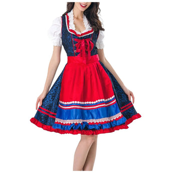 Red and blue dirndl dress in the style of traditional Bavarian folk costume, featuring a fitted bodice, short puffed sleeves, and a flared skirt, typically worn for Oktoberfest celebrations.