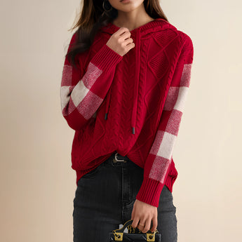 Red cable knit sweater in an XXL size, featuring a luxurious textured pullover design with a hatched red pattern. The sweater has a classic collar, long sleeves, and a comfortable fit around the neck, shoulders, and waist.