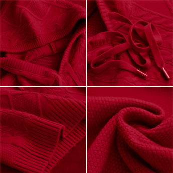 A red cable knit sweater with a luxurious textured design, showcasing intricate patterns and knitting style.