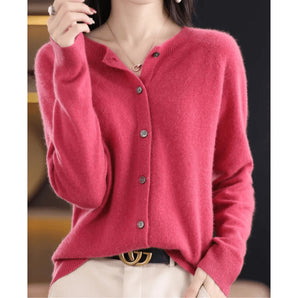 Red cashmere V-neck cardigan in dark pink, featuring long sleeves and a luxurious texture, designed for women's winter wear in size 2XL.