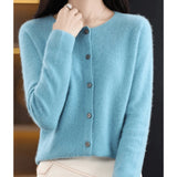Light blue cashmere V-neck cardigan for women, featuring long sleeves and a soft woolen texture, designed for winter wear.