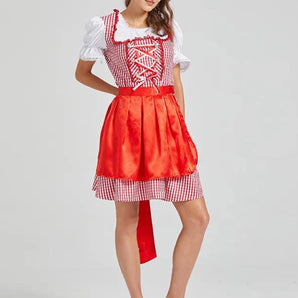 Red dirndl dress with lace-up corset, featuring a white blouse with sleeves, a fitted waist, and a flared skirt, perfect for Bavarian Oktoberfest celebrations.