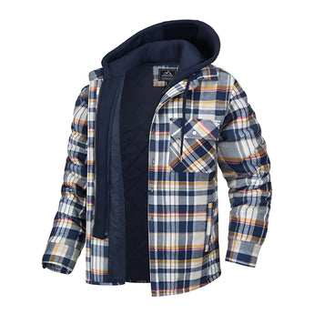 A men's insulated winter coat featuring a blue tartan plaid pattern, designed with a hood, full sleeves, and a collar. The jacket is shown in size 4XL.